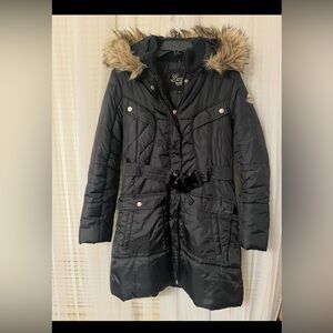 Coogi Black Puffer Coat with Faux Fur Hood 9